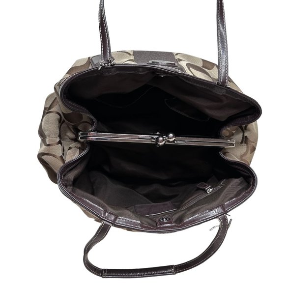 Coach Khaki and Mahogany Stripe Signature Kisslock Carryall Bag F19190 - Picture 9 of 13